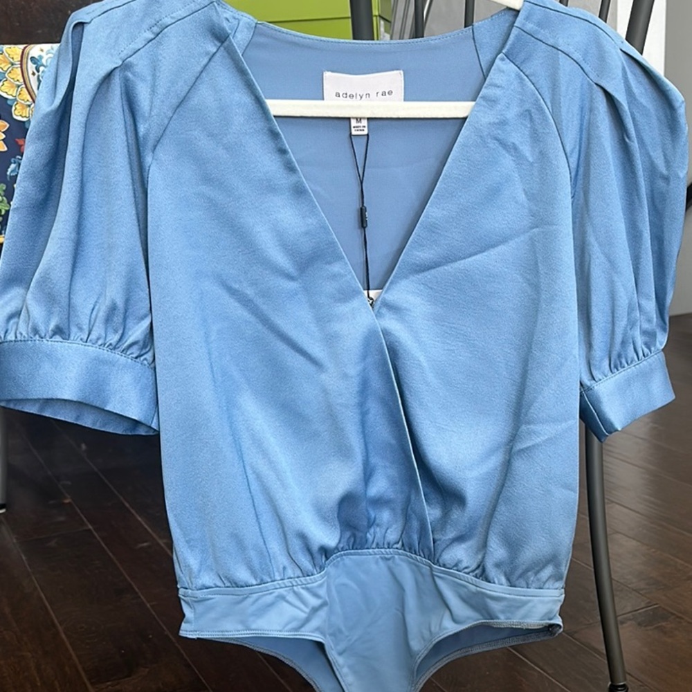Adelyn Rae Light Blue Puff Sleeve Surplice Bodysuit